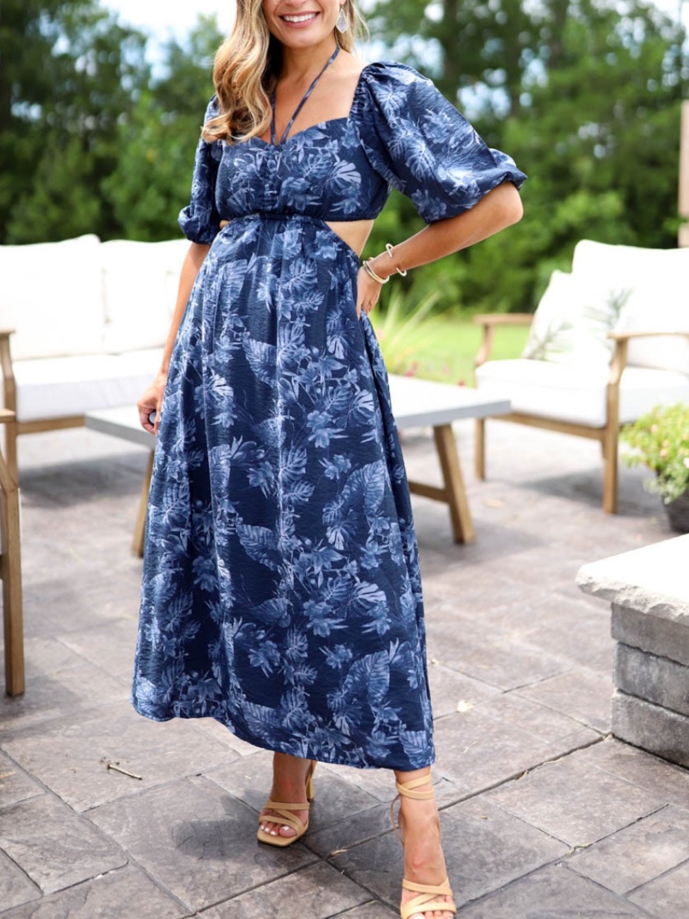 Banana Republic Navy Floral Puff-Sleeve and cut back Maxi Dress